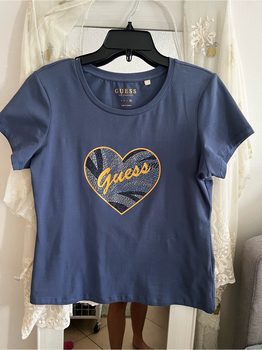 GUESS Navy Blue Heart Logo Short Sleeve Tee with Gold Accents